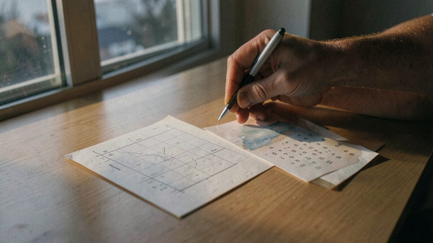 A desk with a birth chart and lunar calendar in soft window light