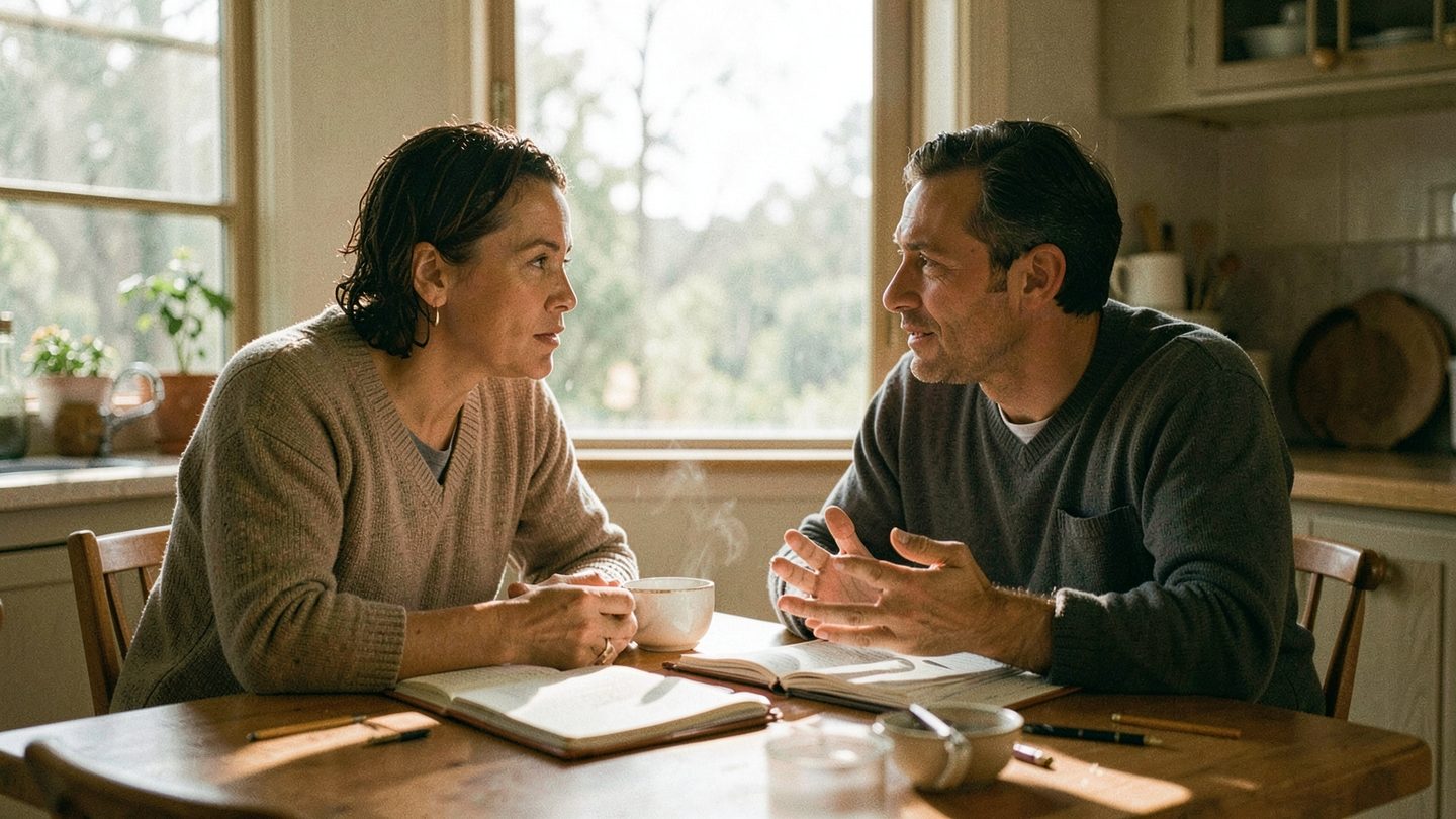 Conceptual editorial photo of supportive conversation and practical healing