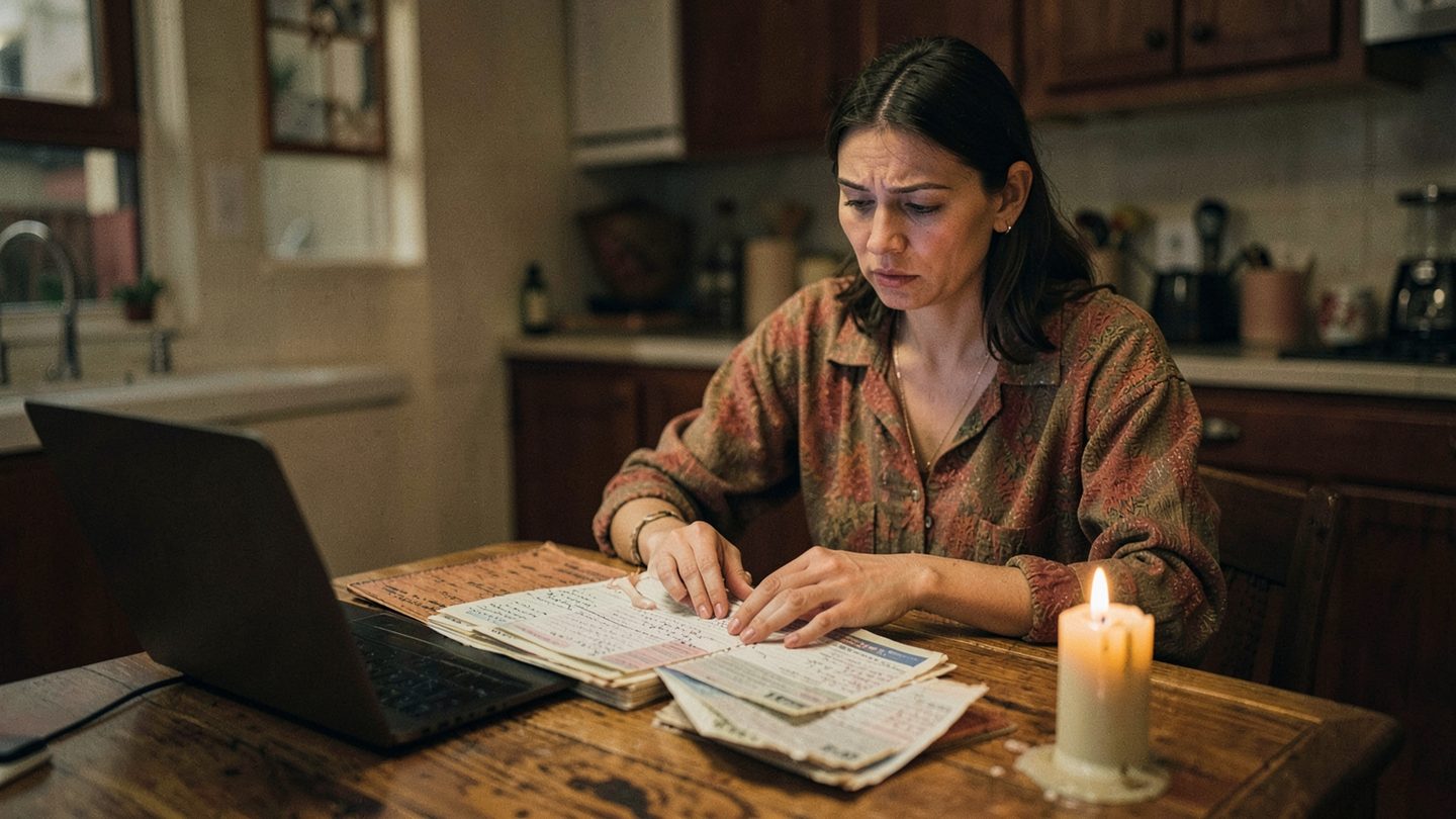A person reviewing bills and notes at a table in a moody autumn interior