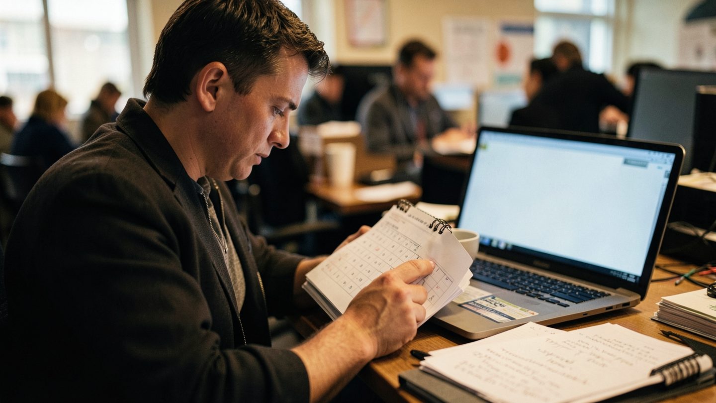 Person re-checking plans beside a calendar and laptop