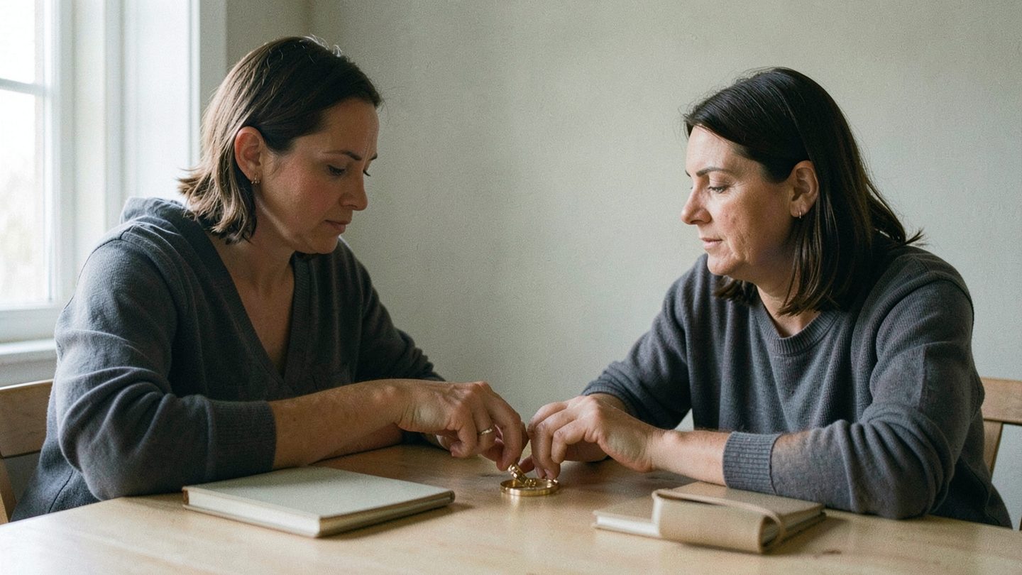 Two adults sit quietly at a simple table in soft daylight, one sliding a plain wedding-style ring across the bare tabletop toward the other, with a muted kitchen background and no visible text or writing.
