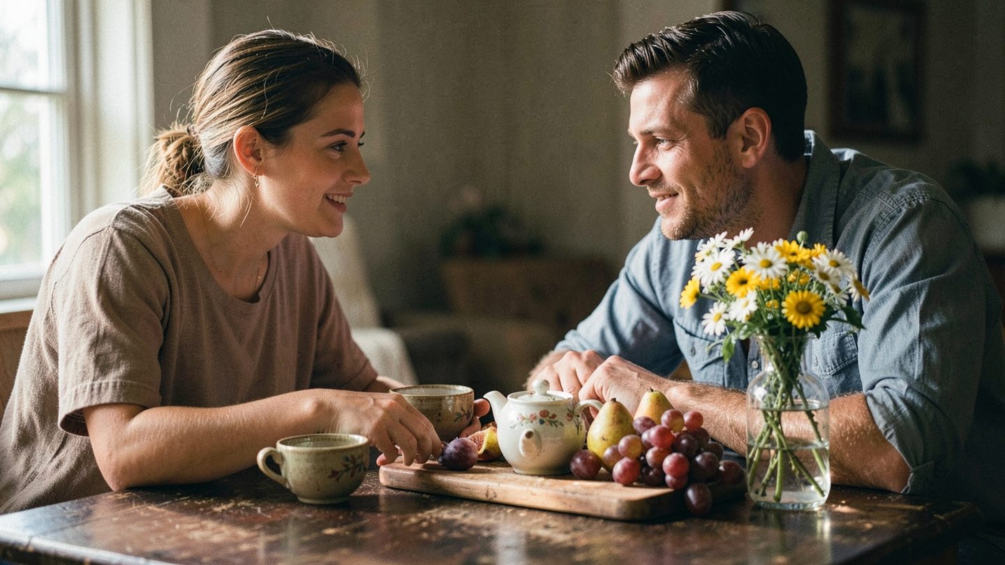 A quiet editorial scene of shared tea and flowers suggesting nurturing and affection