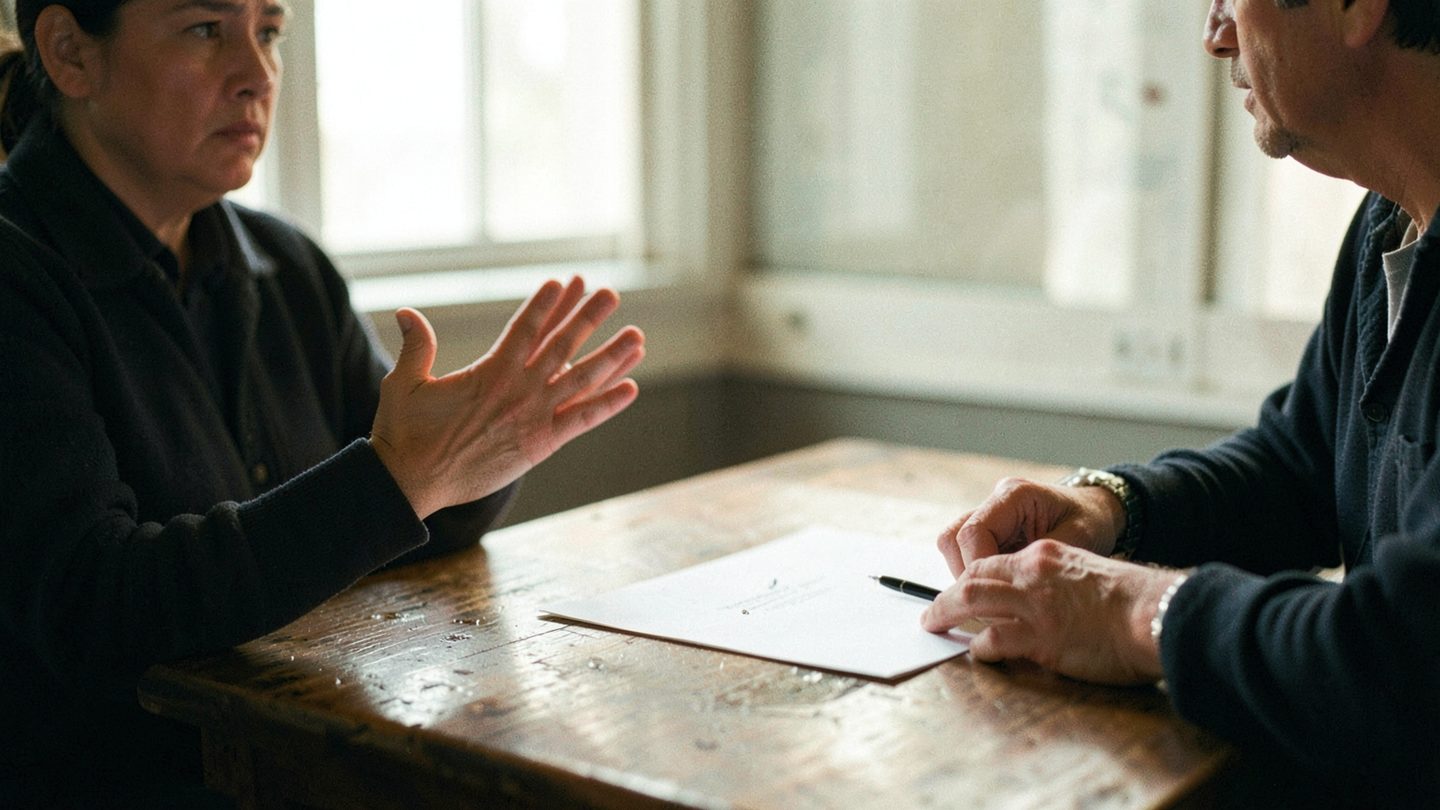 Two adults sit at a kitchen table in a calm but serious conversation, with one person making a gentle open-handed boundary-setting gesture and the other resting their hands beside a blank sheet of paper and pen in soft natural light.