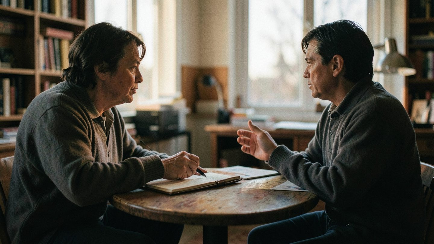 Editorial photo concept showing a conversation that pauses before an agreement