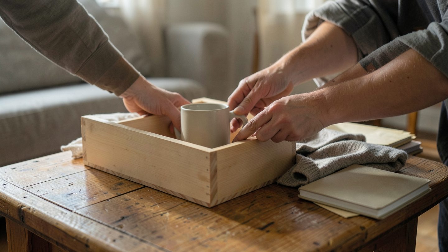 A calm living room scene with hands sorting everyday belongings on a low table, placing one item into an open storage box and setting another aside, under soft window light.