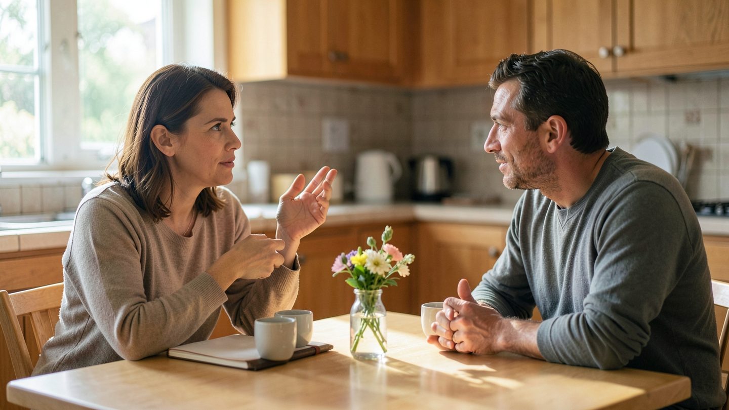 Two adults sit across a kitchen table in soft daylight, one gently signaling a boundary with an open hand while the other listens quietly, with coffee cups and a closed notebook between them.