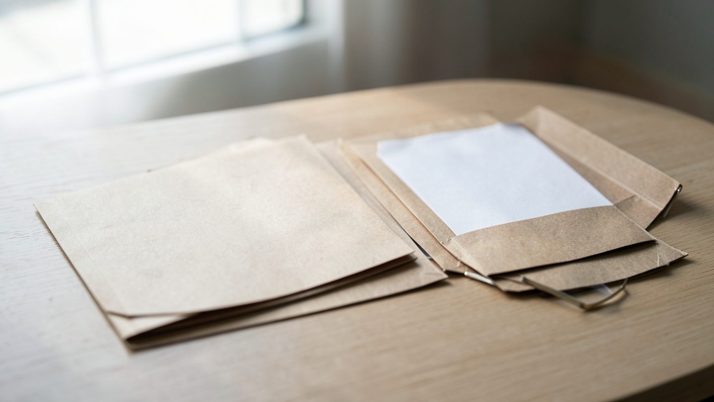 A realistic editorial still life of four plain manila folders arranged neatly on a wooden desk beside reading glasses, with soft morning light and one folder slightly open to show blank paper.