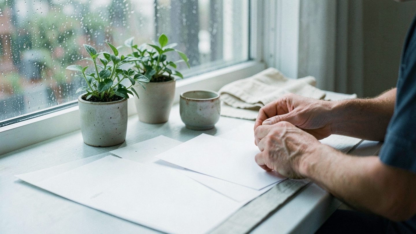 A thoughtful person arranging a tidy desk by a rainy window with blank papers, a teacup, and a small plant in soft natural light.