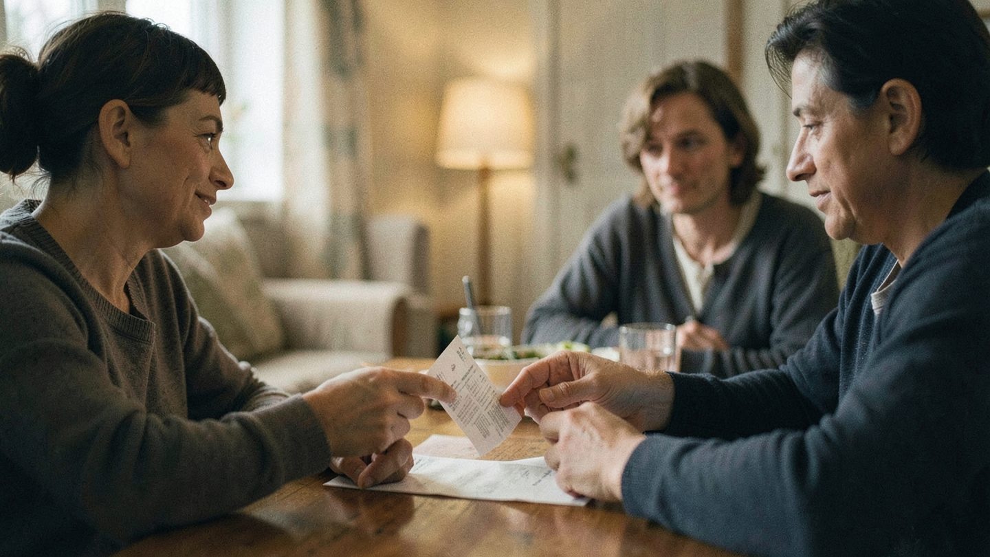 Editorial photo concept of a tense but polite dinner-table conversation about fairness and keeping score