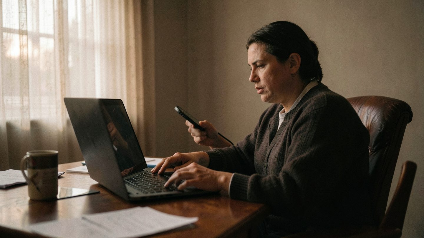 A person in a quiet office at dusk sits beside a closed laptop and looks thoughtfully at a smartphone, with one hand hovering near the keyboard as if deciding whether to resend a message, lit by soft window light and surrounded by a few blurred, unmarked desk items.