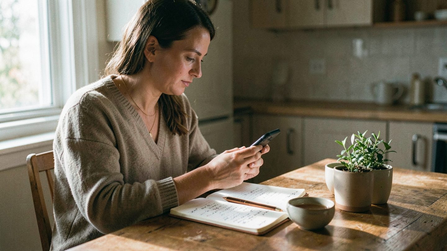 Candid editorial scene of someone pausing before replying, suggesting boundary-setting at a Libra new moon.