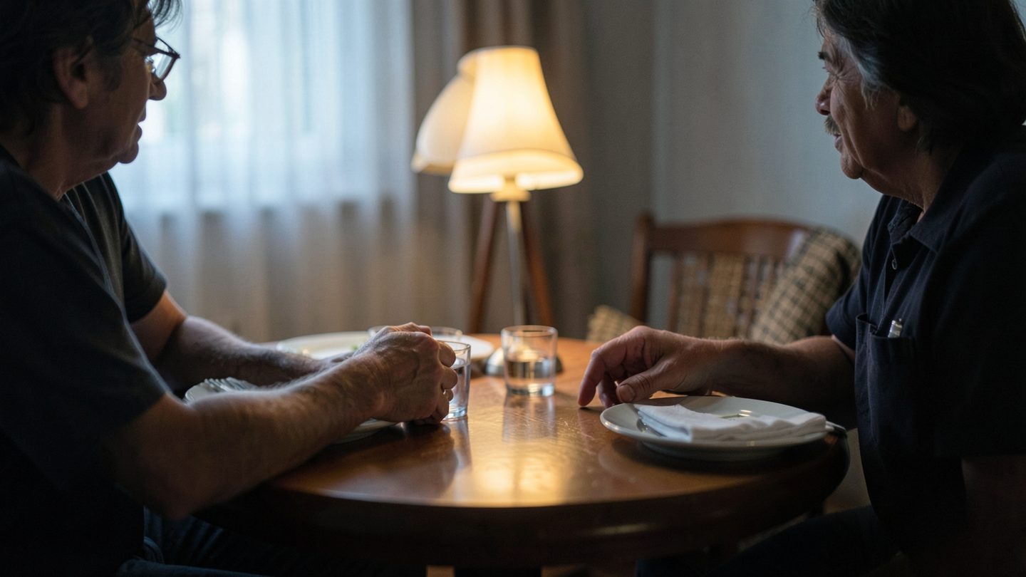 Two adults sit silently at a small dinner table in warm evening light, with unfinished plates and a tense pause between them, suggesting an unspoken conversation.