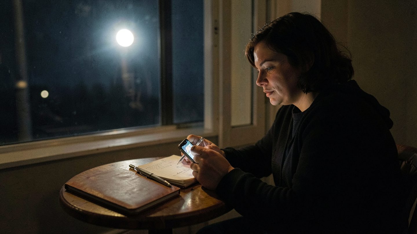 A person sits by a window at night with a notebook and pen on the table, holding a phone while looking toward a bright full moon outside, suggesting an astrology checklist moment without any readable text or charts.