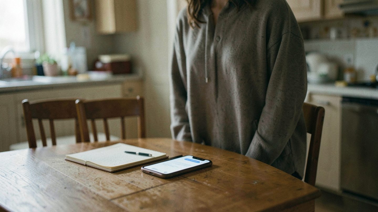 A person pausing at a table, suggesting the tension between pleasing others and meeting their own needs.