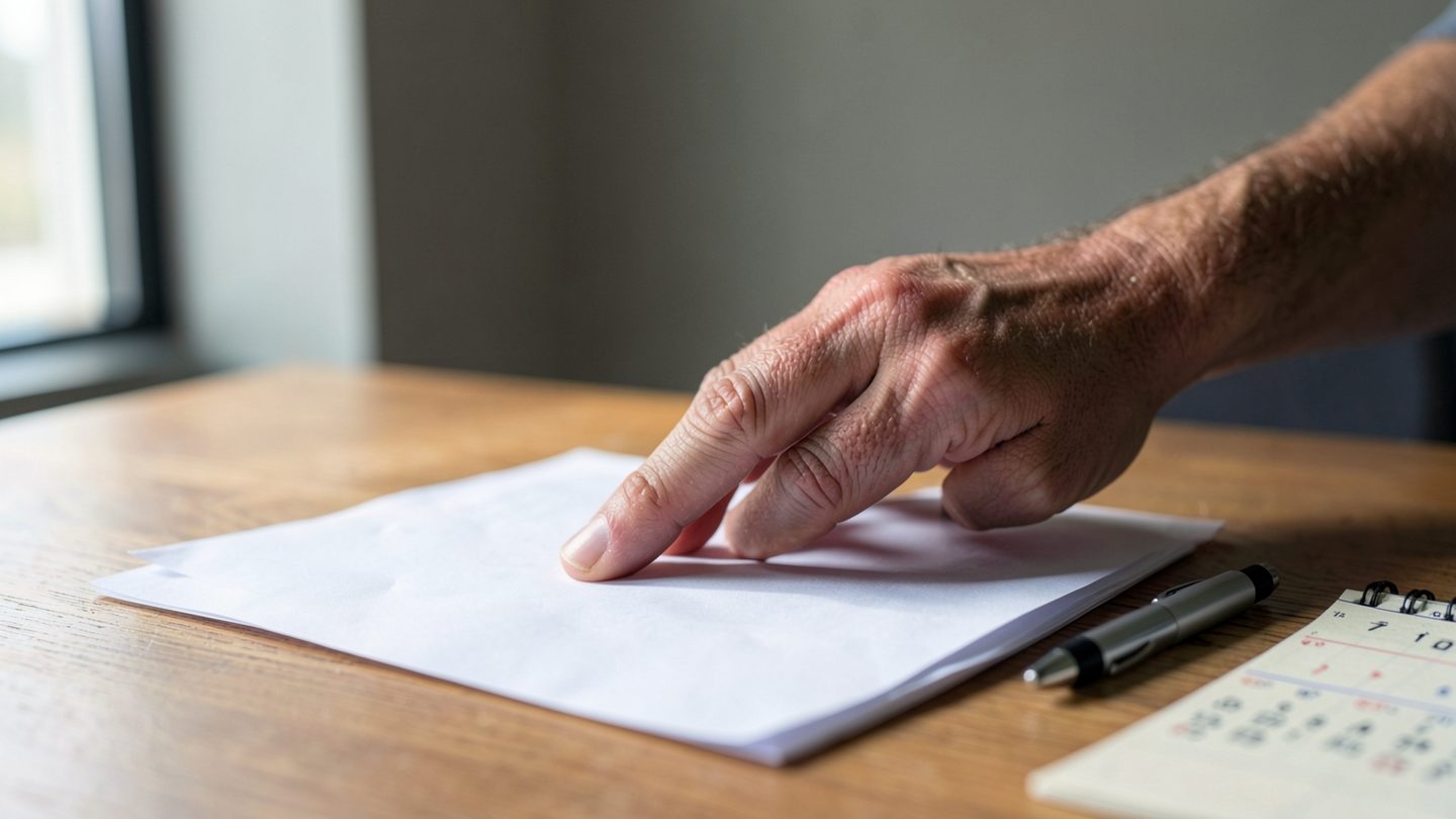 A document being reconsidered before signature in a realistic editorial scene