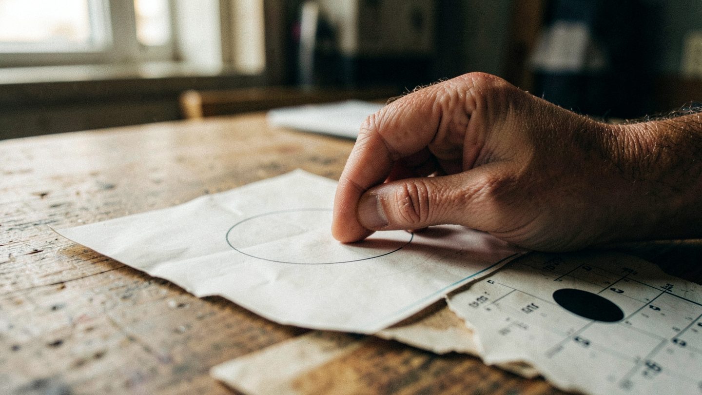 Close-up of a hand comparing a chart and calendar