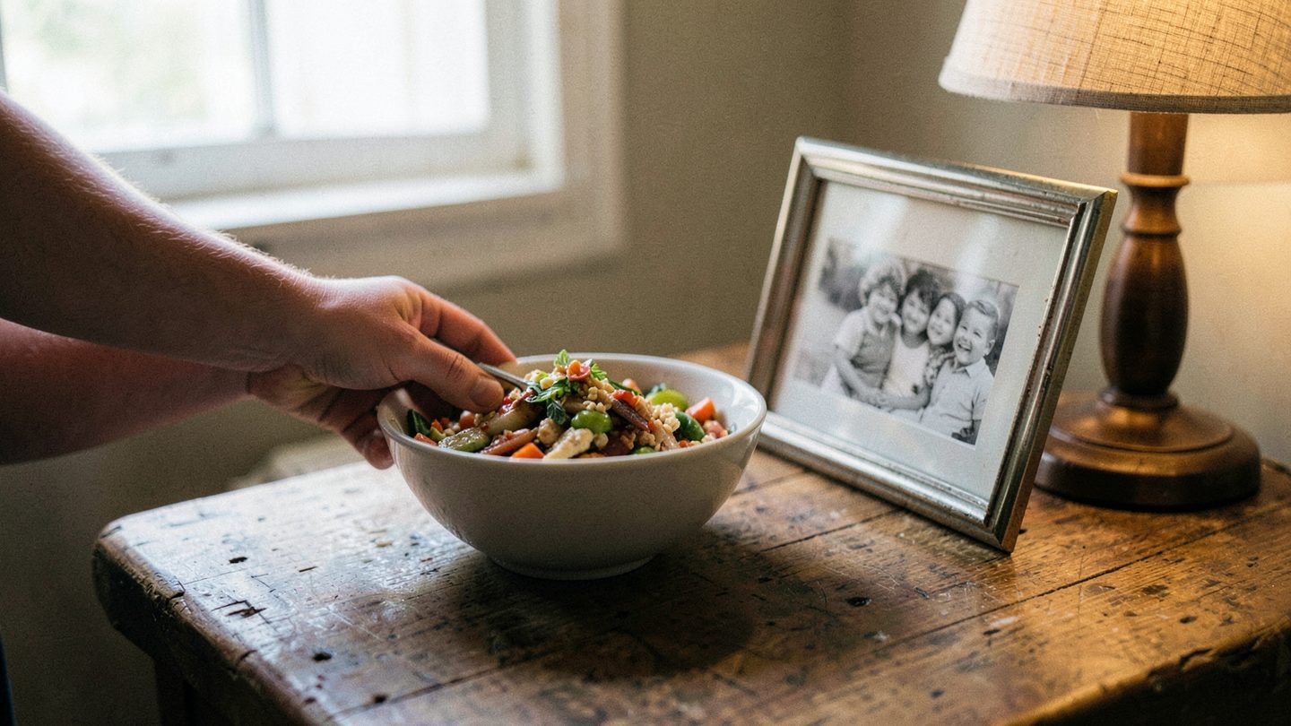 Hands setting food on a table beside family keepsakes