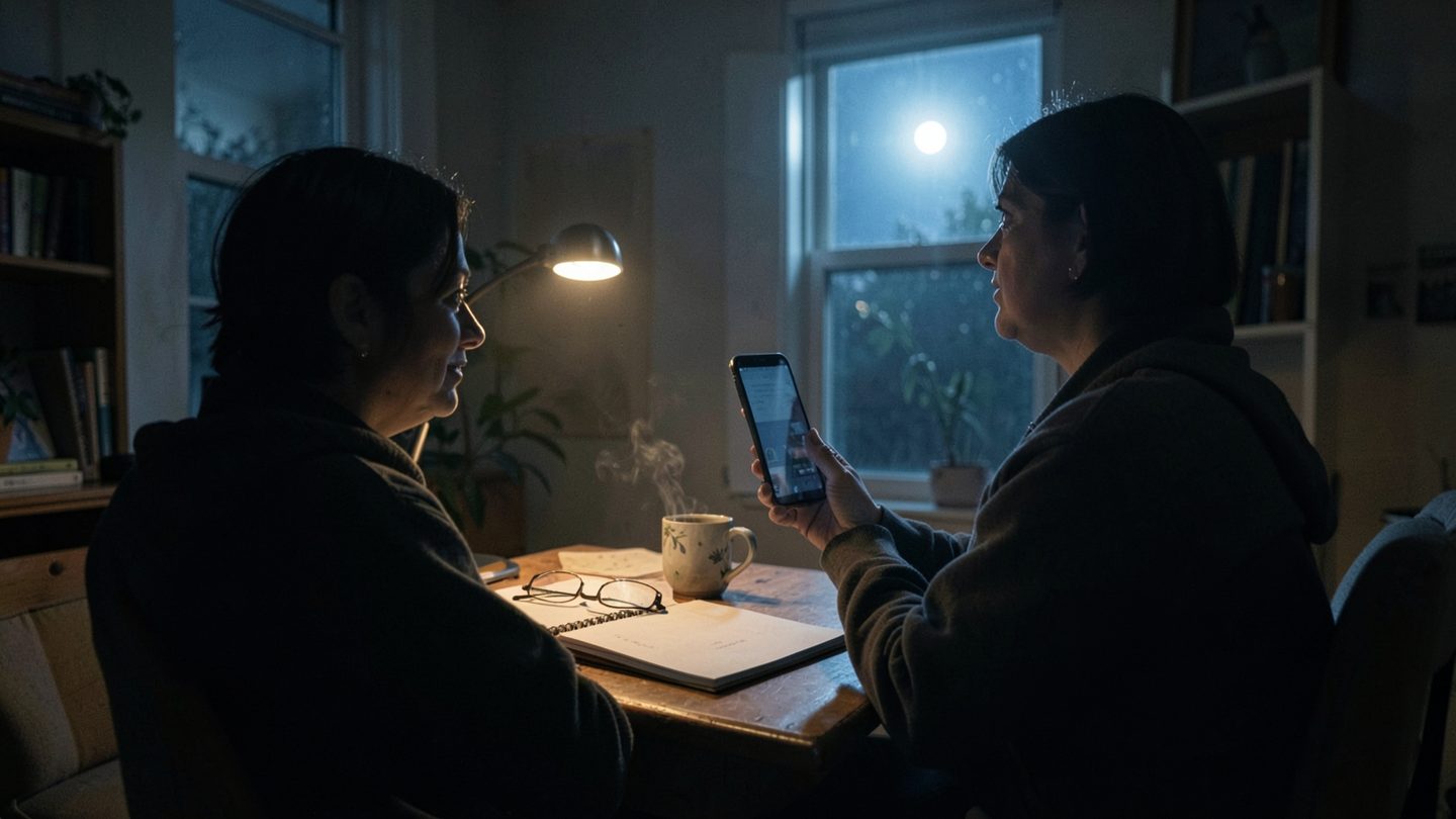 A person sits at a desk in a modest home office at night, looking between a turned-away phone and the bright full moon outside a window, with a notebook and glasses on the desk in a calm, investigative scene.