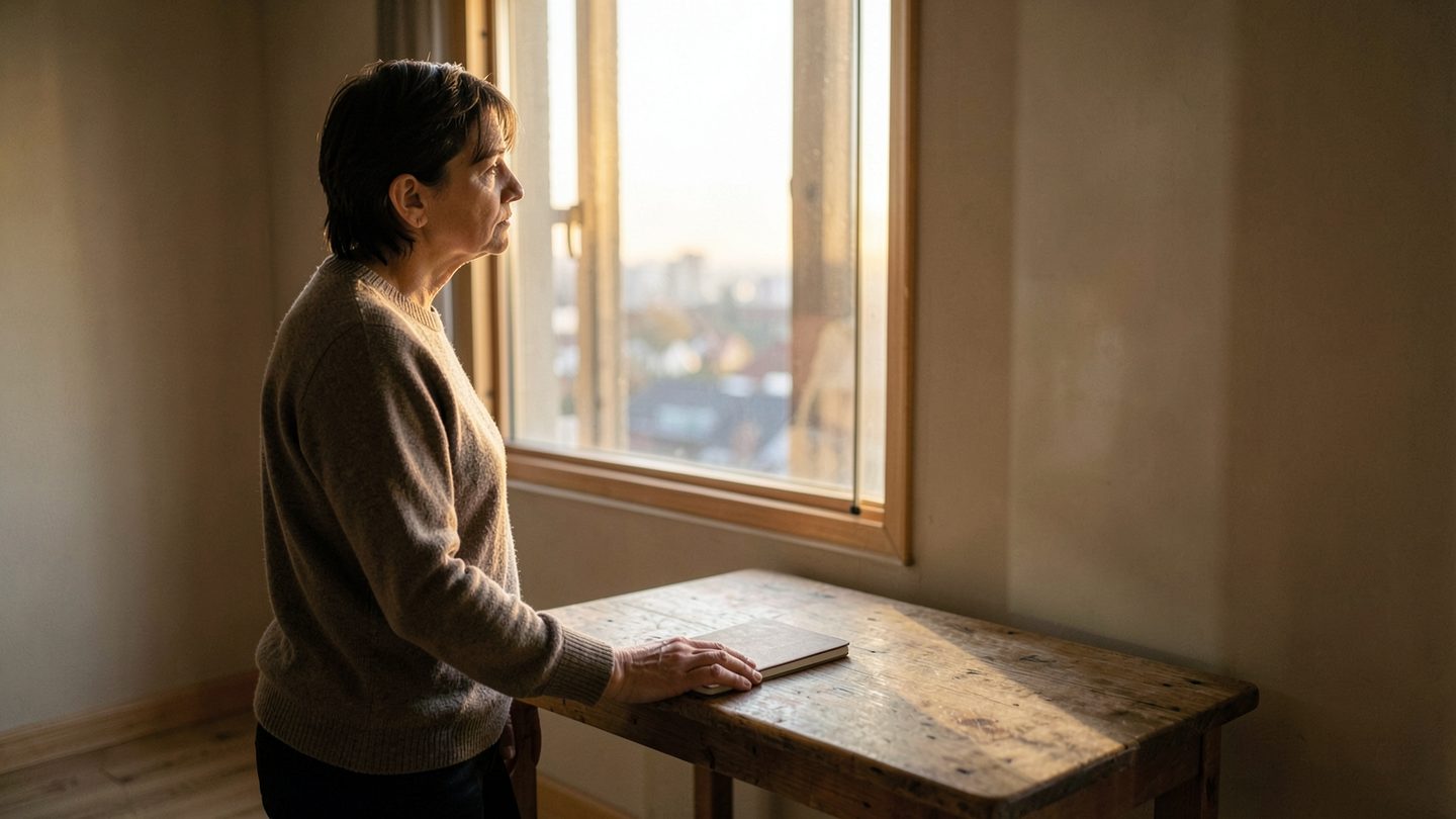 A person stands in profile beside a window in a quiet early-morning room, resting a hand on a plain notebook while looking out at a soft sunrise and brighter city view beyond, with muted shadows and a modest interior in the foreground.