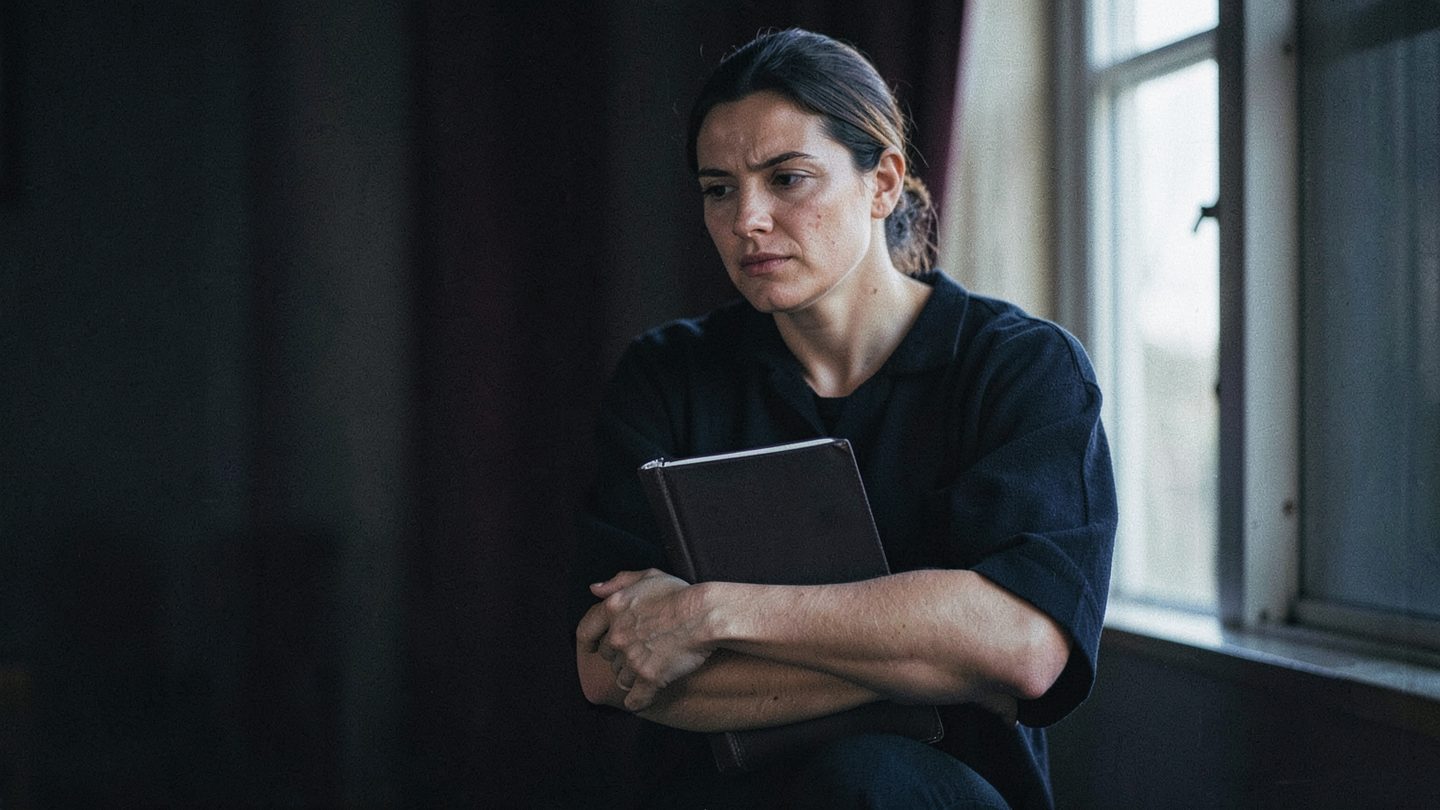 A guarded person holding a notebook in moody window light, suggesting privacy and trust themes