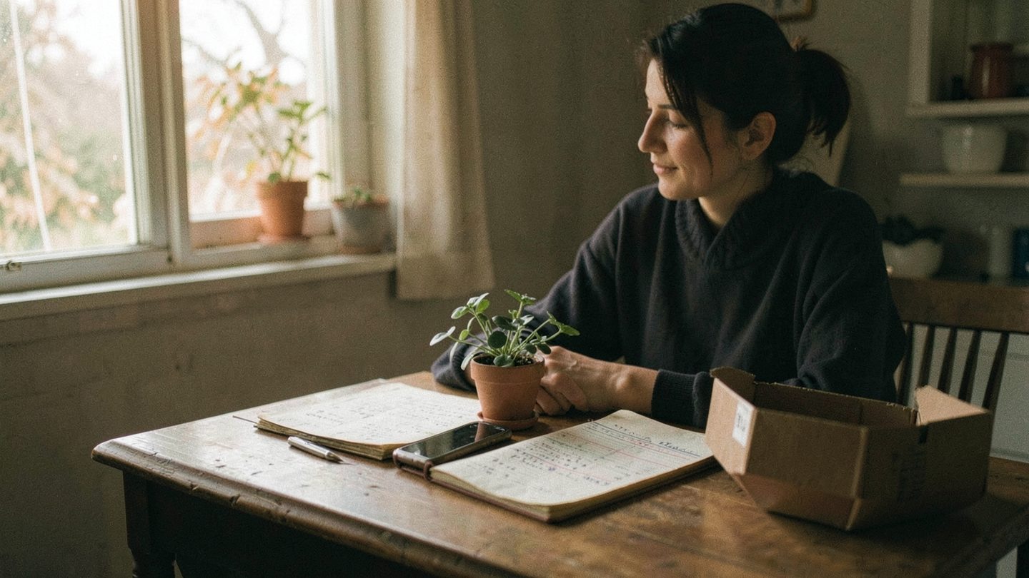 A person weighing a practical decision beside papers and a packed box in soft morning light