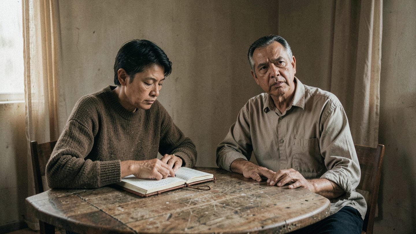 Two people in a quiet, reflective conversation in an editorial photo style