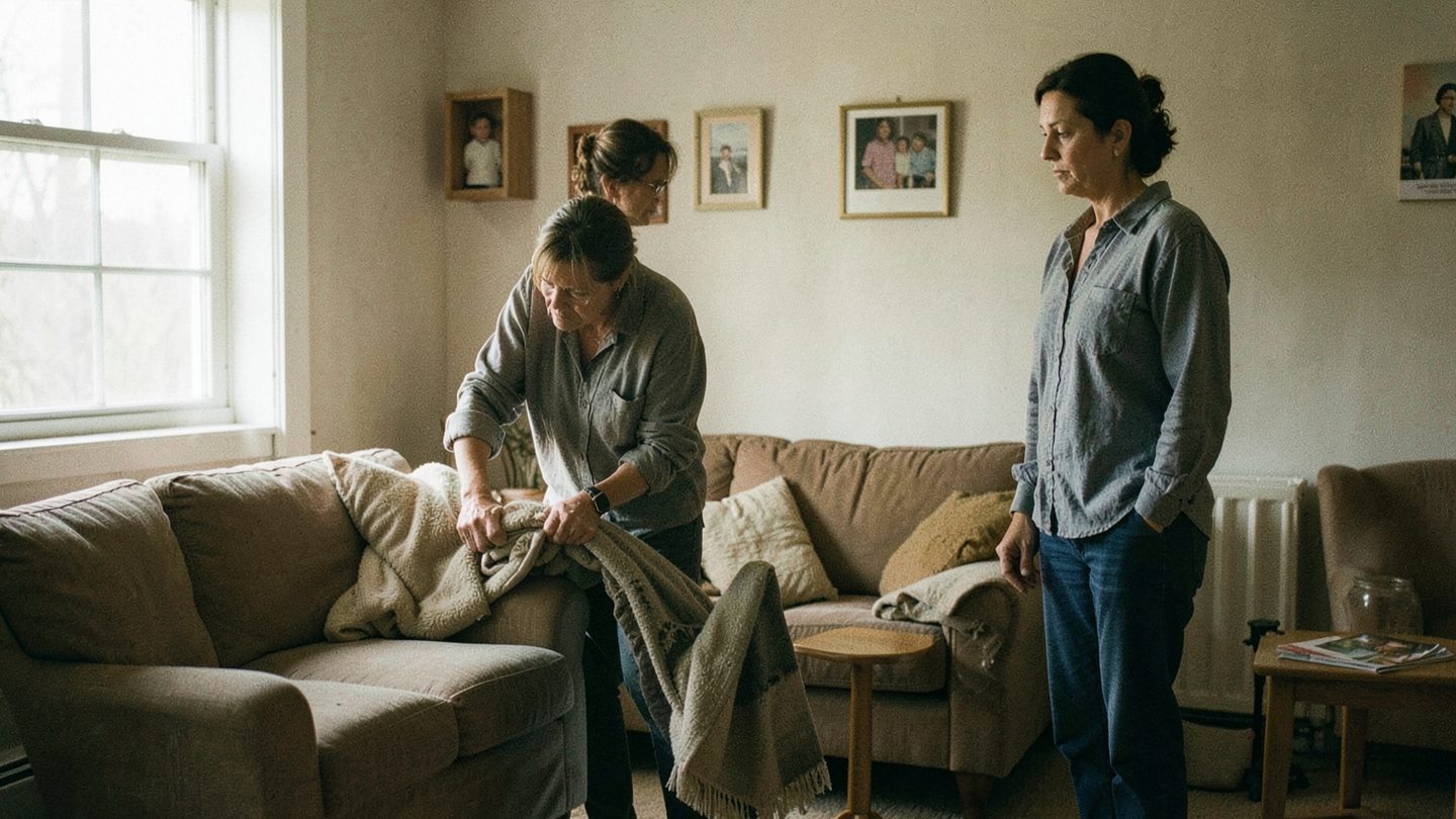 Editorial photo-style scene of caregiving under strain