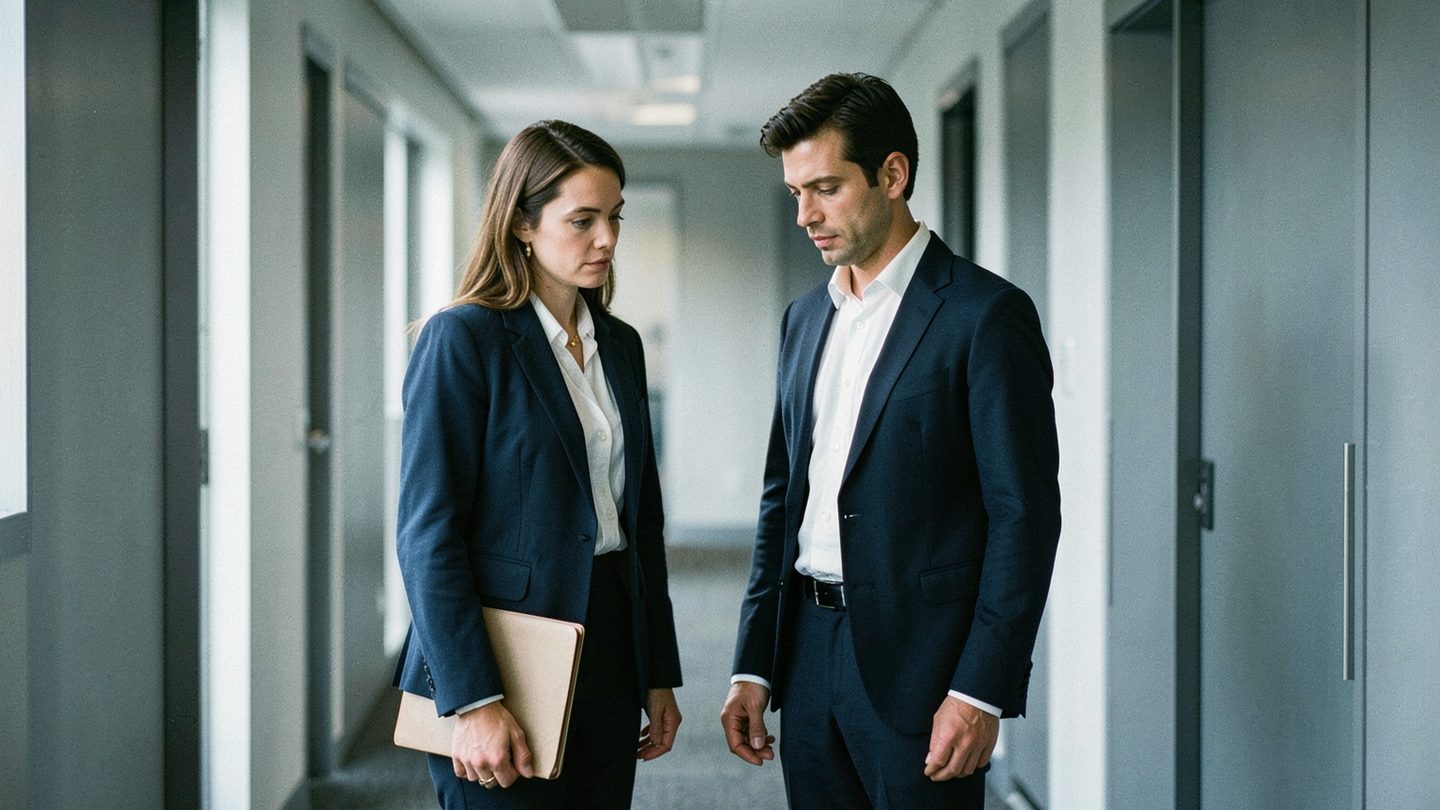 Two colleagues pause in a quiet office hallway beside a closed conference-room door, one holding a plain folder while the other looks down thoughtfully, suggesting a careful but unresolved conversation.