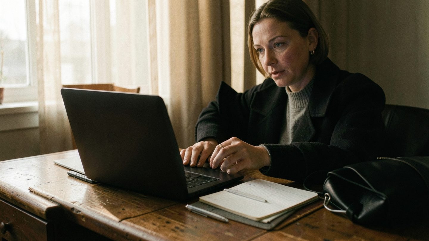 A person in a softly lit home office at dawn gathers a notebook, pen, and bag beside a closed laptop, suggesting a shift from reflection to forward movement.