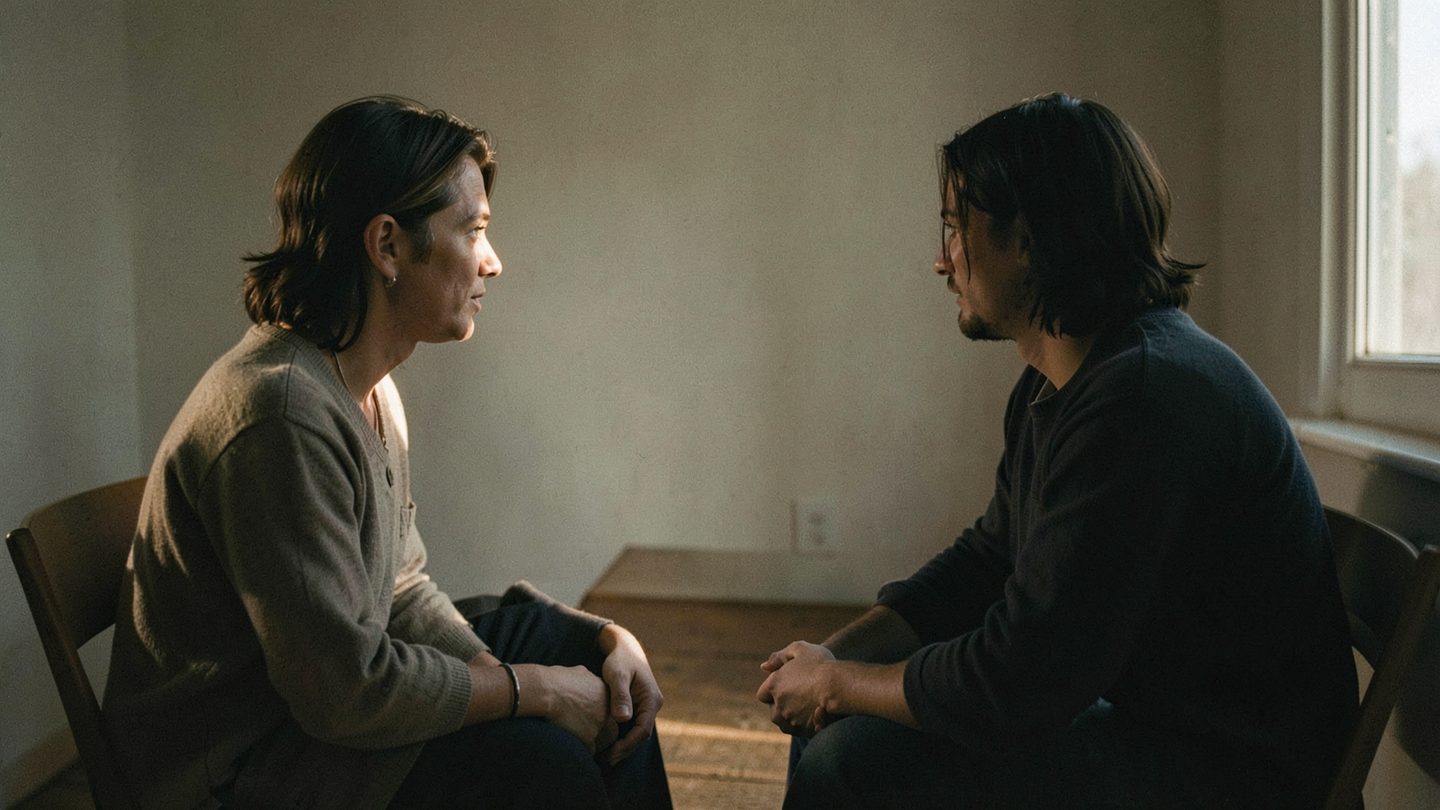 Editorial-style image of two people in a tense but reflective conversation