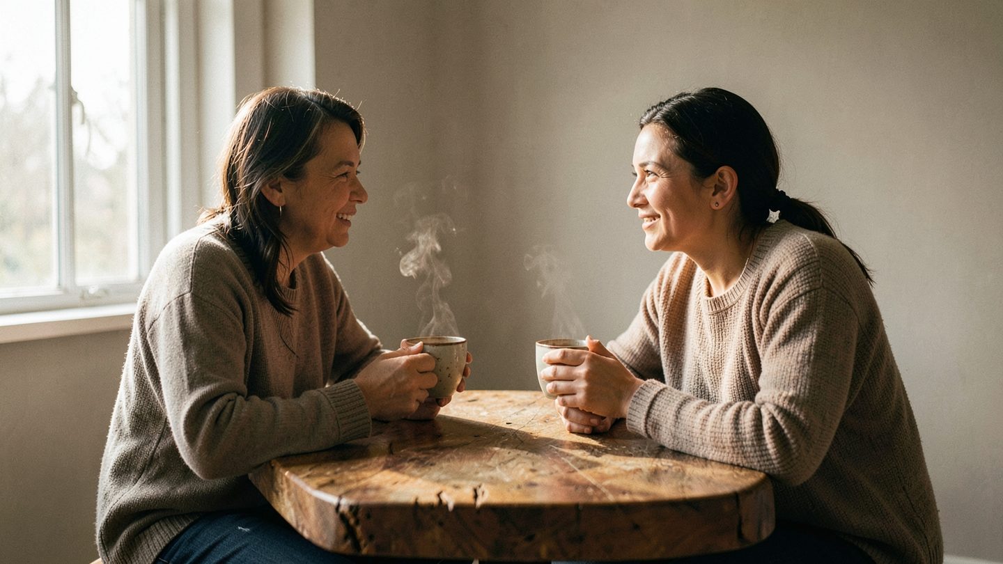 Two adults sitting across a small wooden table in a softly lit room, talking calmly with warm drinks between them, conveying reassurance, perspective, and supportive connection.