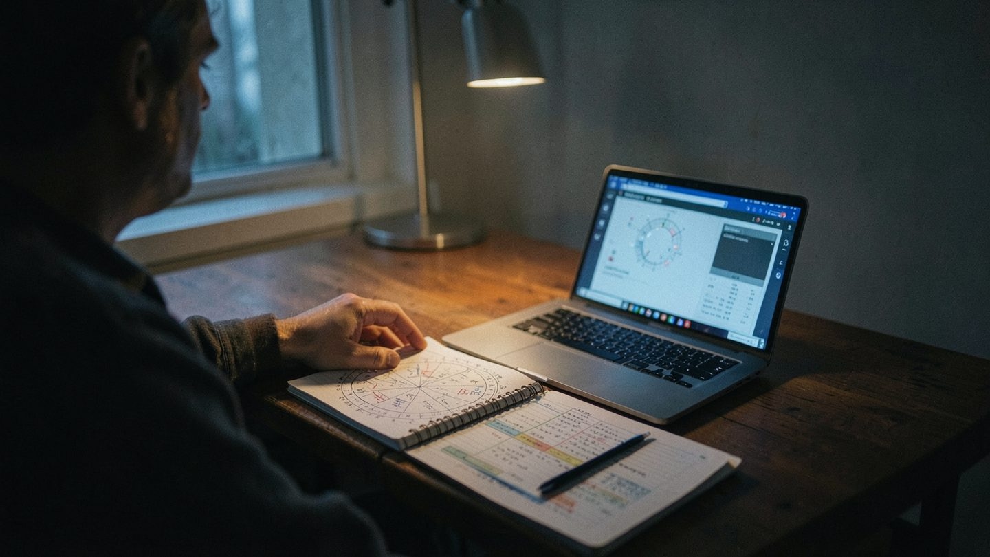 A person reviewing a birth chart and notes under soft moonlit light