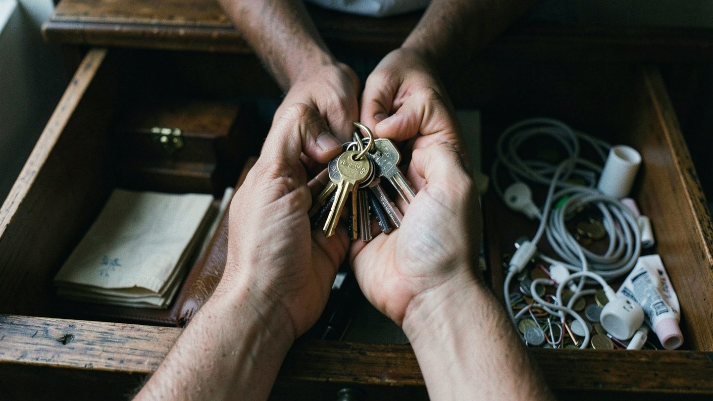 Hands choosing between organized essentials and cluttered extras.