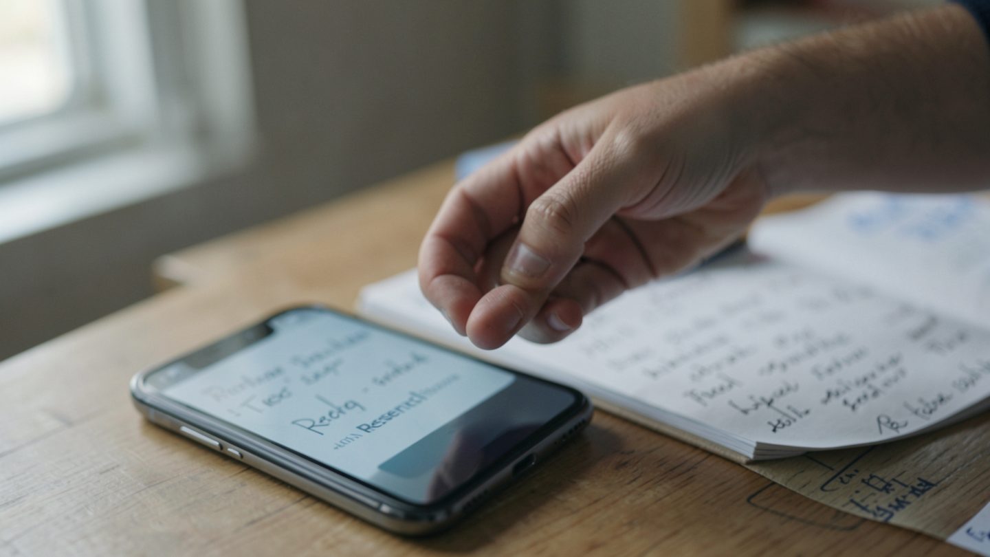 A hand pauses before resending a message while checking a planner