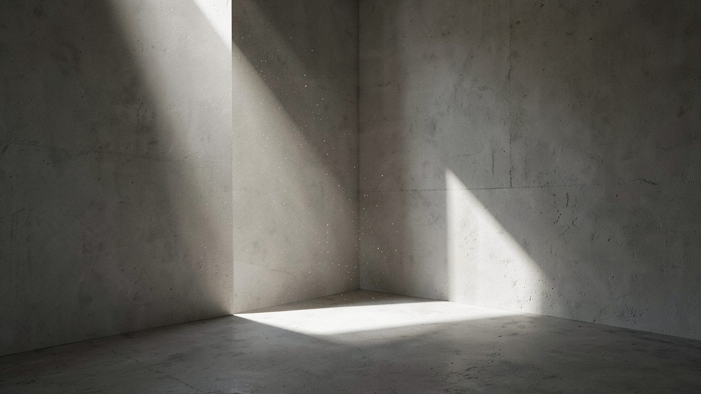 A sparse interior room lit by two shafts of sunlight that meet in a clear right angle on the floor at the corner of the room, with muted stone and plaster surfaces and soft shadows in a landscape composition.