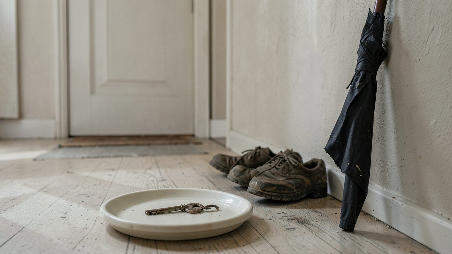 A realistic editorial photo of a home entryway with a house key in a ceramic dish, an umbrella, and worn shoes by a front door in soft afternoon light.