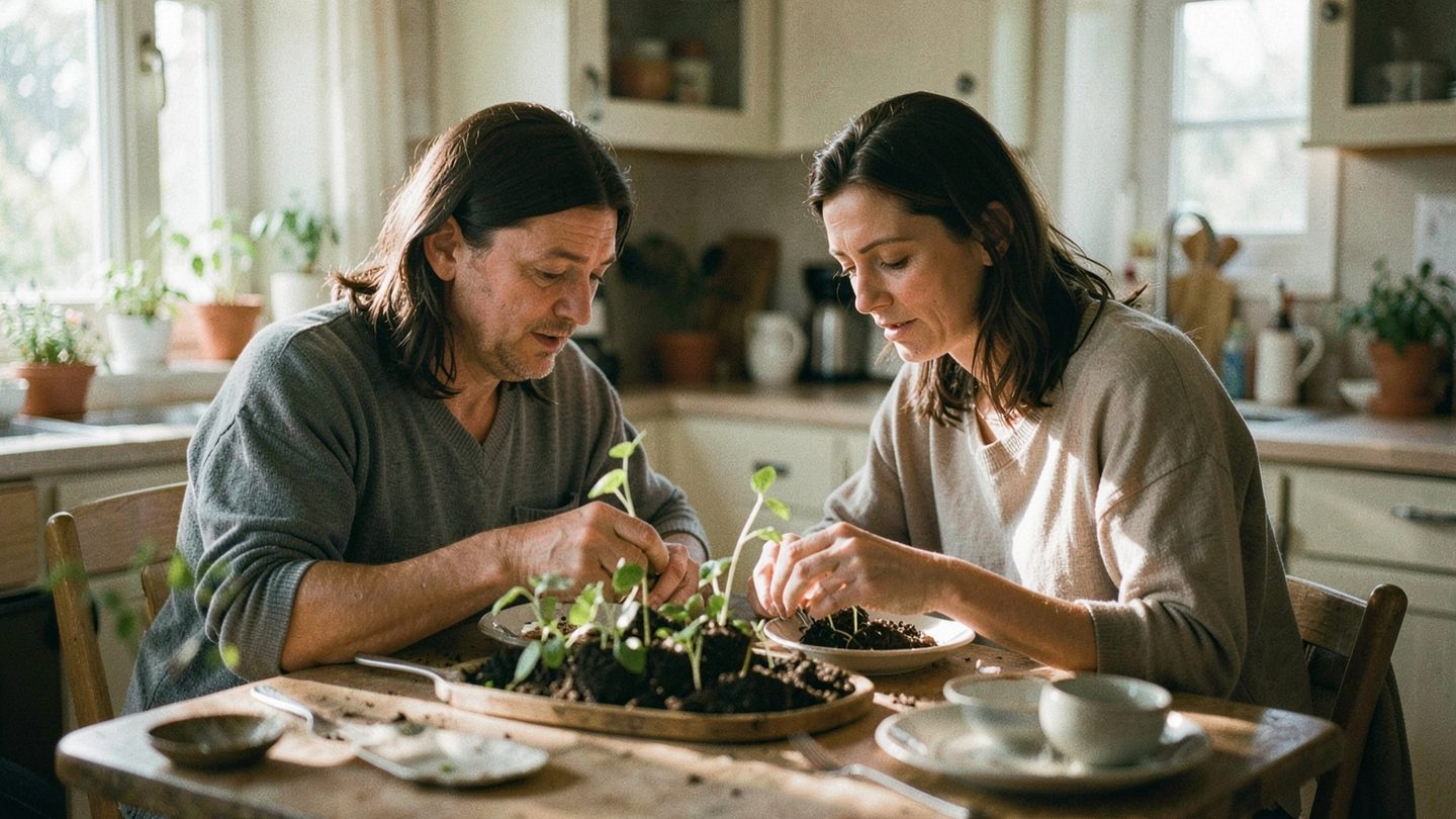 Photographic editorial scene suggesting mutual care and shared nurture