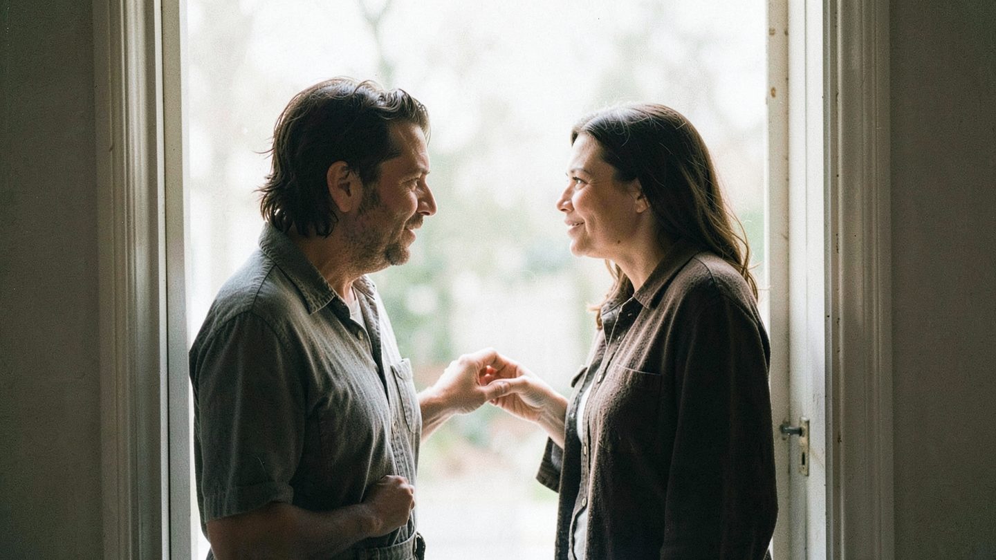 Conceptual editorial photo of two people meeting at a doorway, suggesting easy mutual recognition.