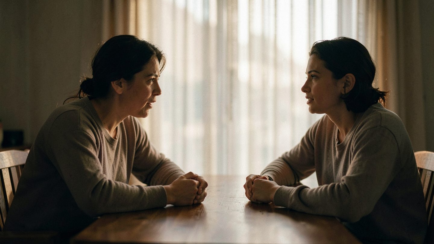 Two people facing each other across a table in a candid editorial scene