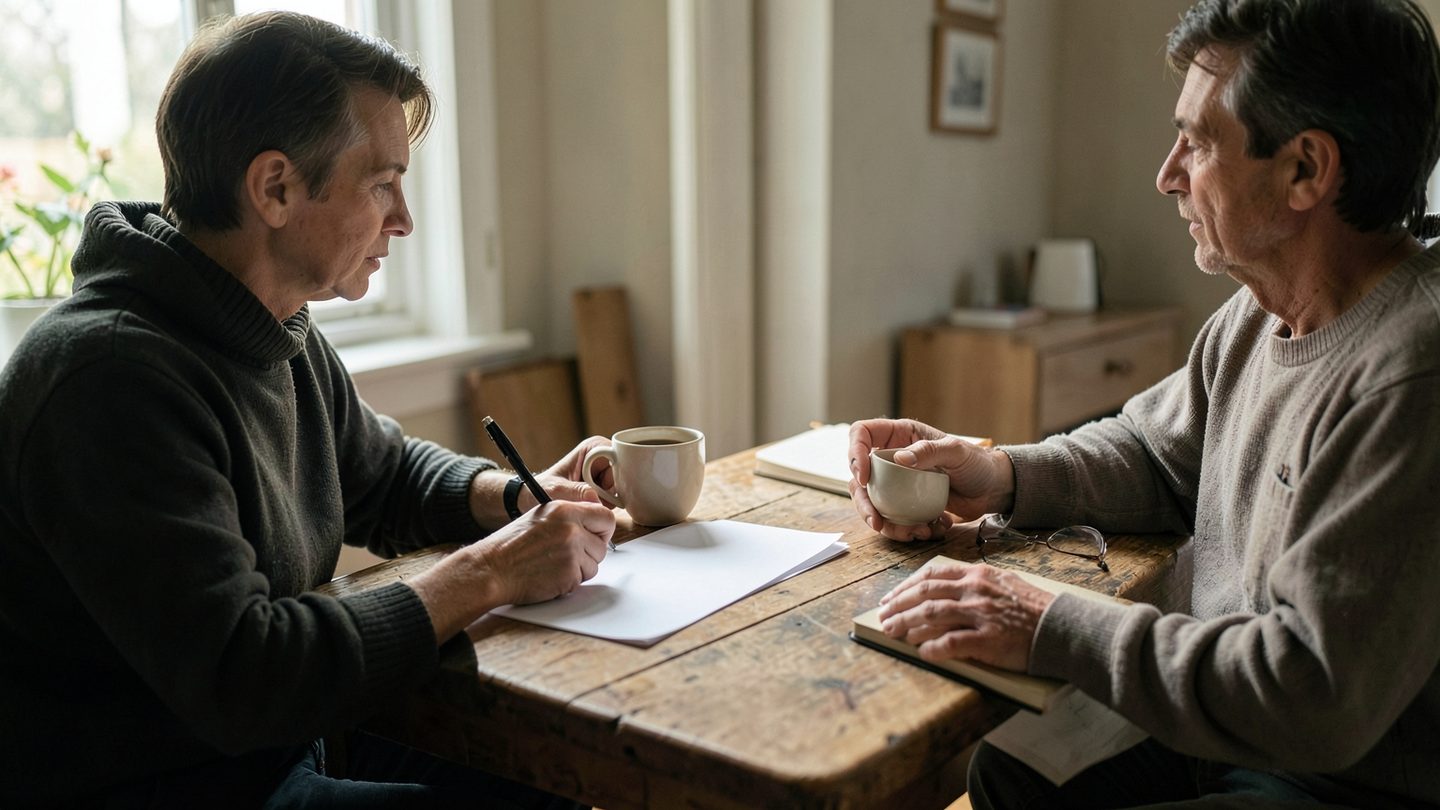 Two adults sit across a small table in soft daylight, quietly reviewing a blank sheet of paper with a pen, notebook, eyeglasses, and two coffee cups between them, suggesting a relationship agreement discussion.