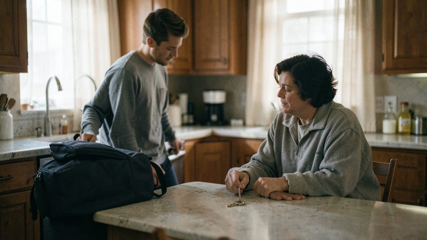 Editorial photo-style scene of a private conversation and life-direction shift
