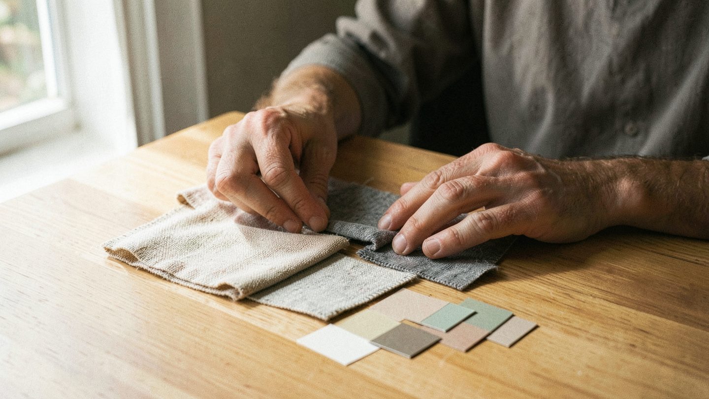 A candid editorial photo of a person at a sunlit table comparing plain fabric swatches and color samples, suggesting personal taste and values in a calm, reflective moment.