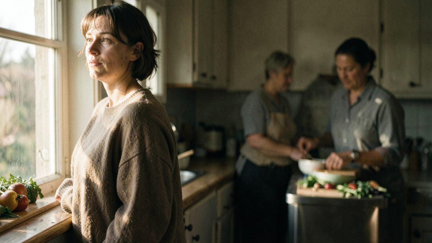 Editorial scene suggesting tension between self-expression and caregiving