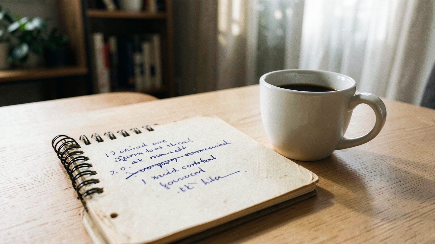 A notebook showing a crossed-out over-commitment in a realistic morning setting.