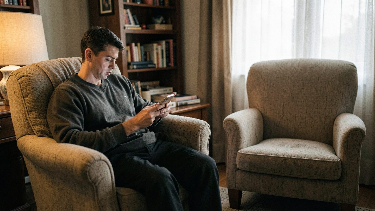 A person considering a message beside an empty chair in a quiet interior.