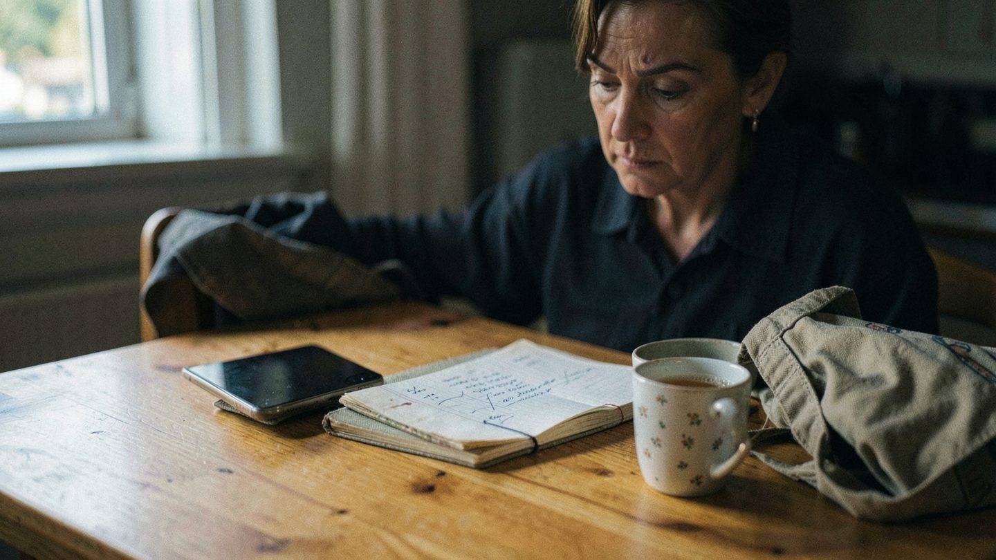 A candid editorial scene of someone hesitating over a decision at a kitchen table