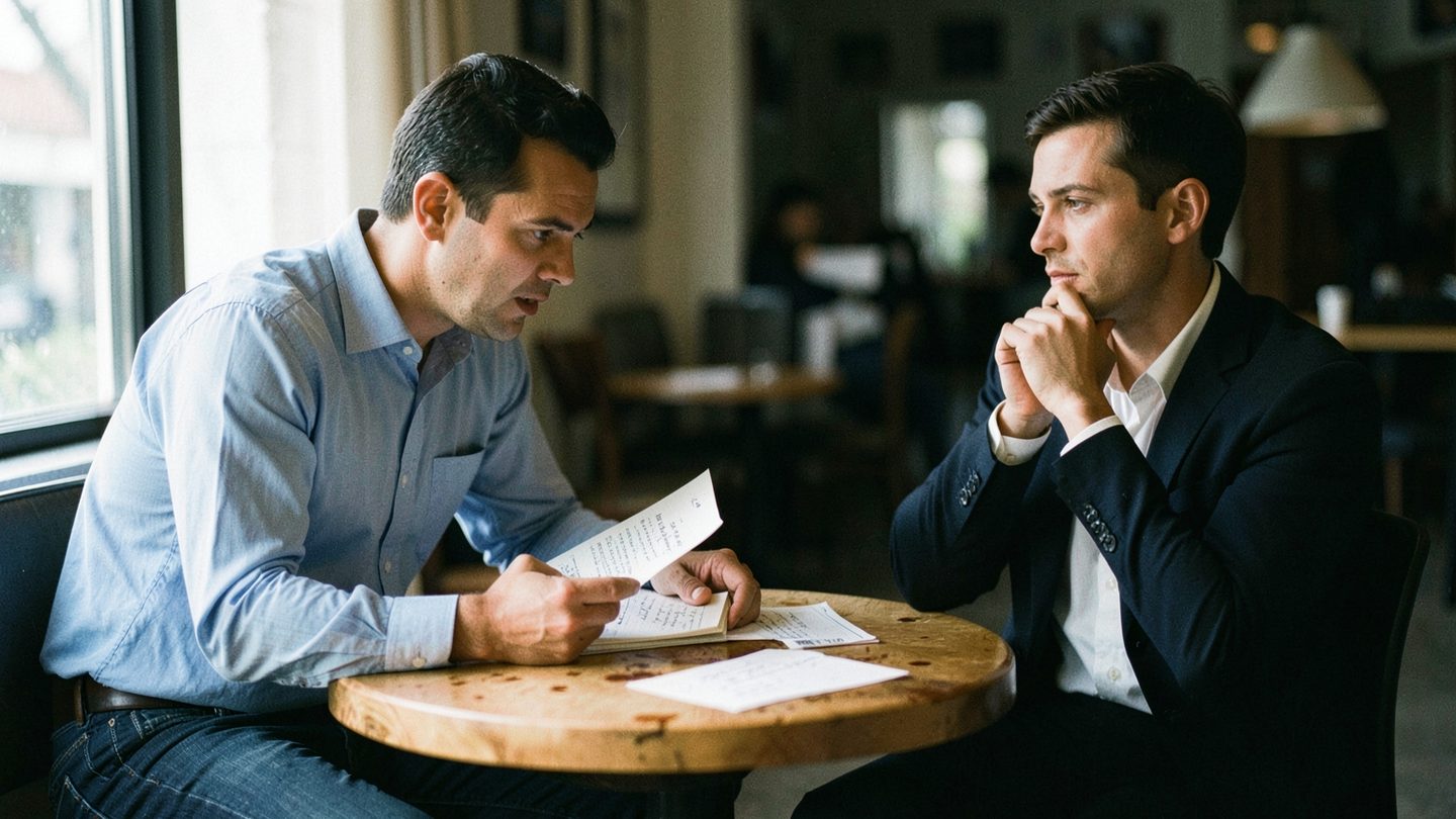 Two people in a candid discussion, suggesting compromise and decision-making
