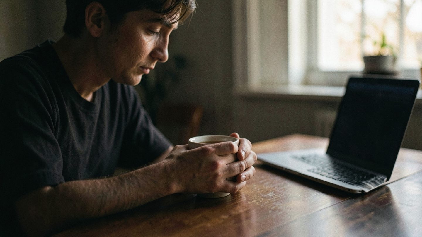 A lone person sits at a kitchen table in a dim evening interior, looking down at a cup of tea beside a closed laptop, lit by soft window light with dark red and charcoal tones.