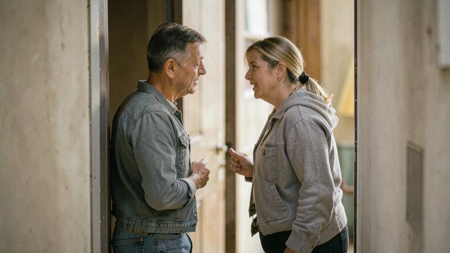 Editorial scene showing a tense doorway encounter that suggests push-pull between self-presentation and response.