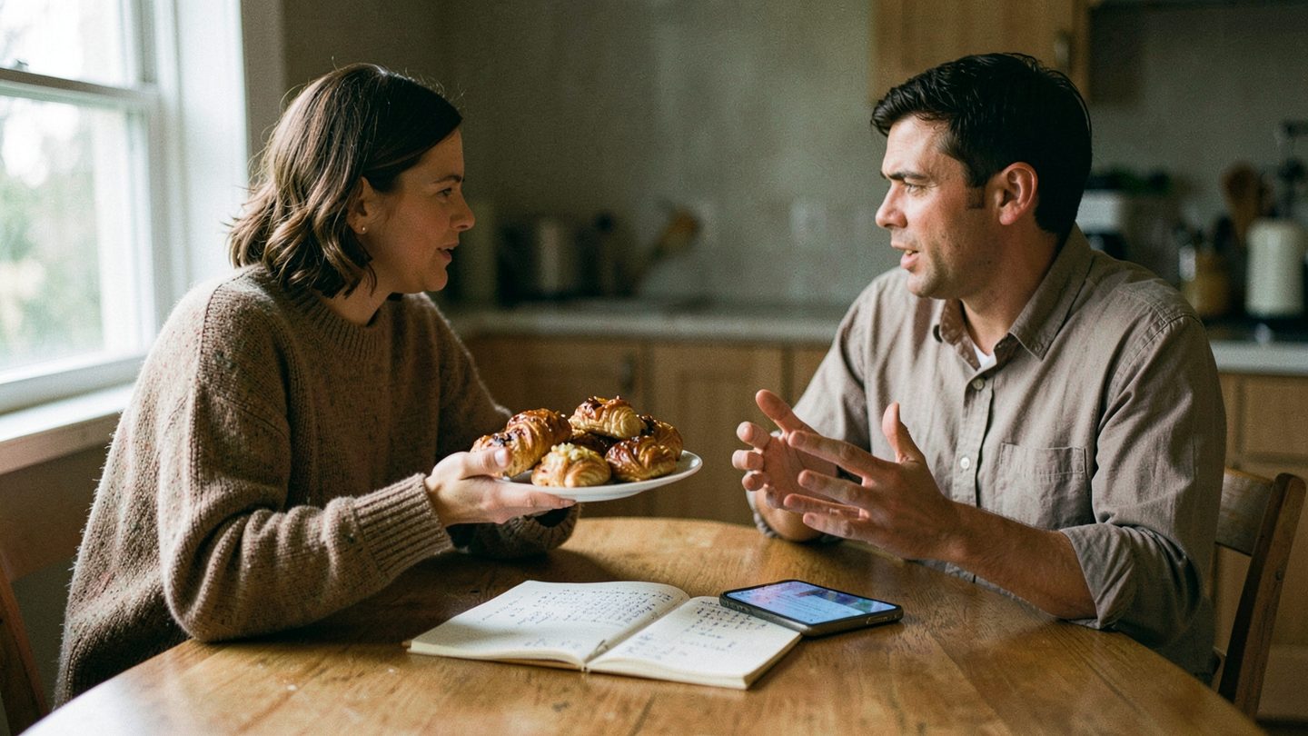 Two people at a kitchen table signaling a mismatch between caregiving and communication.